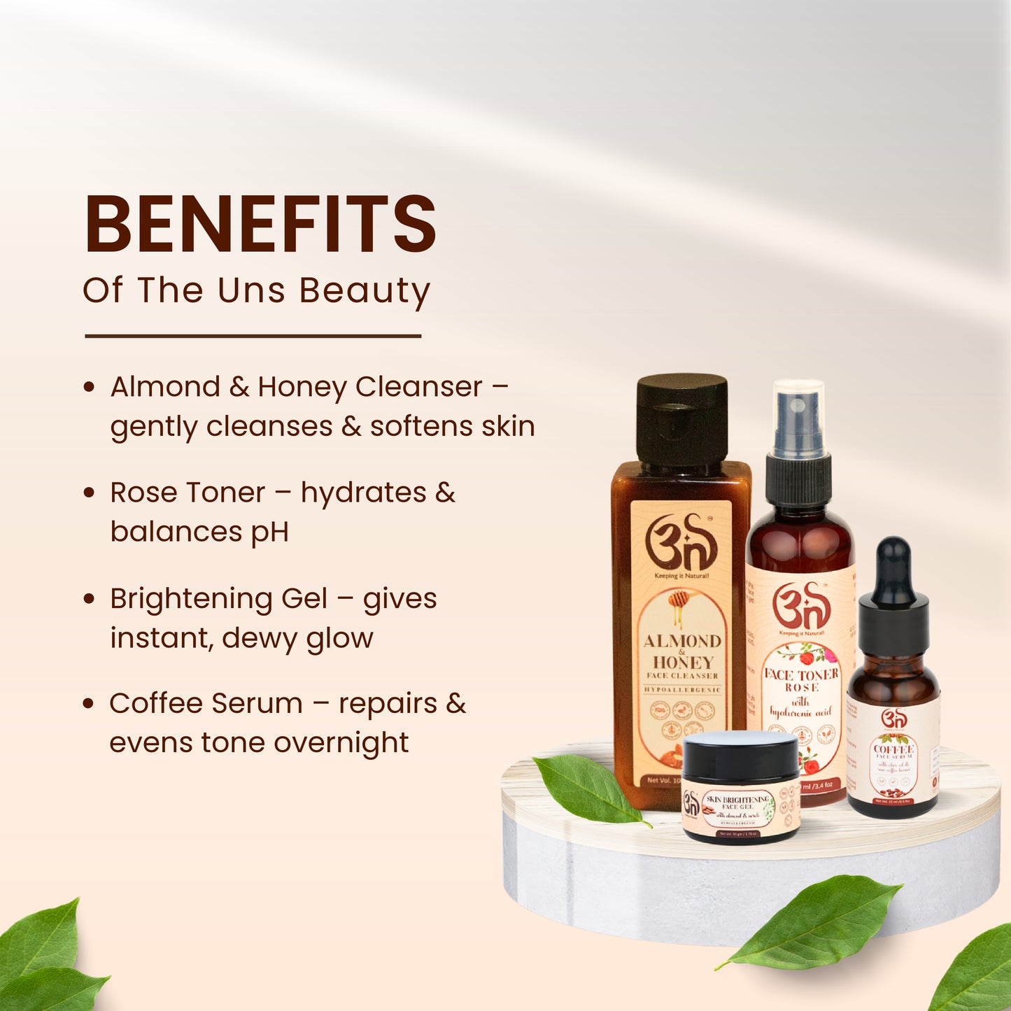 Glow Therapy Combo – Almond Cleanser + Rose Toner + Skin Brightening Gel + Coffee Face Serum
