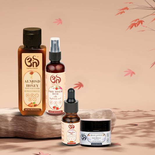 Glow Goddess Combo – Almond Cleanser + Rose Toner + Patchouli Gel + Miracle Oil Serum