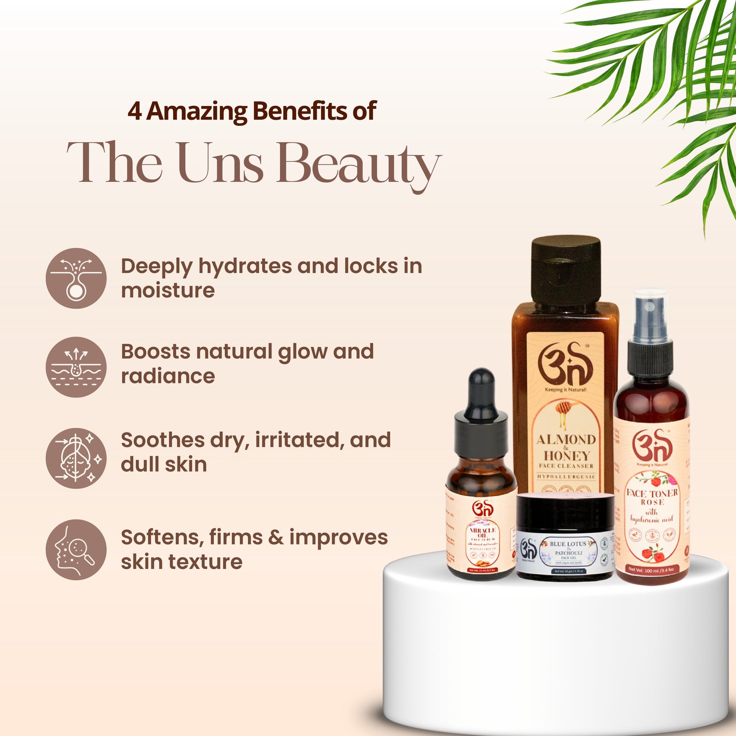Glow Goddess Combo – Almond Cleanser + Rose Toner + Patchouli Gel + Miracle Oil Serum